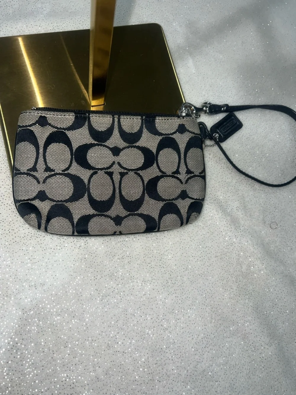Coach Black & Tan Signature Canvas Wristlet with Detachable Strap